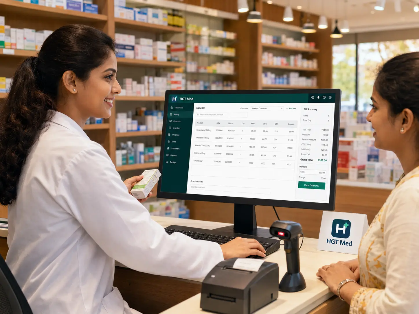 HGT Med pharmacy billing software used at a customer counter