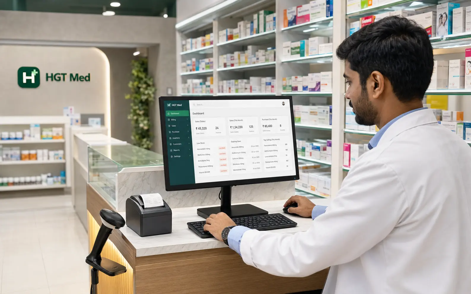 Pharmacist using HGT Med software in a modern pharmacy