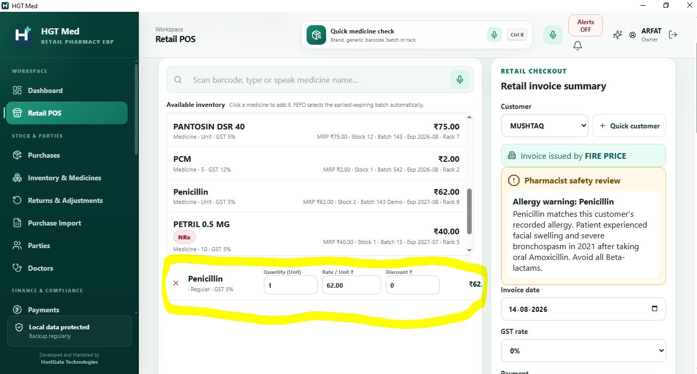 HGT Med patient allergy warning during retail billing