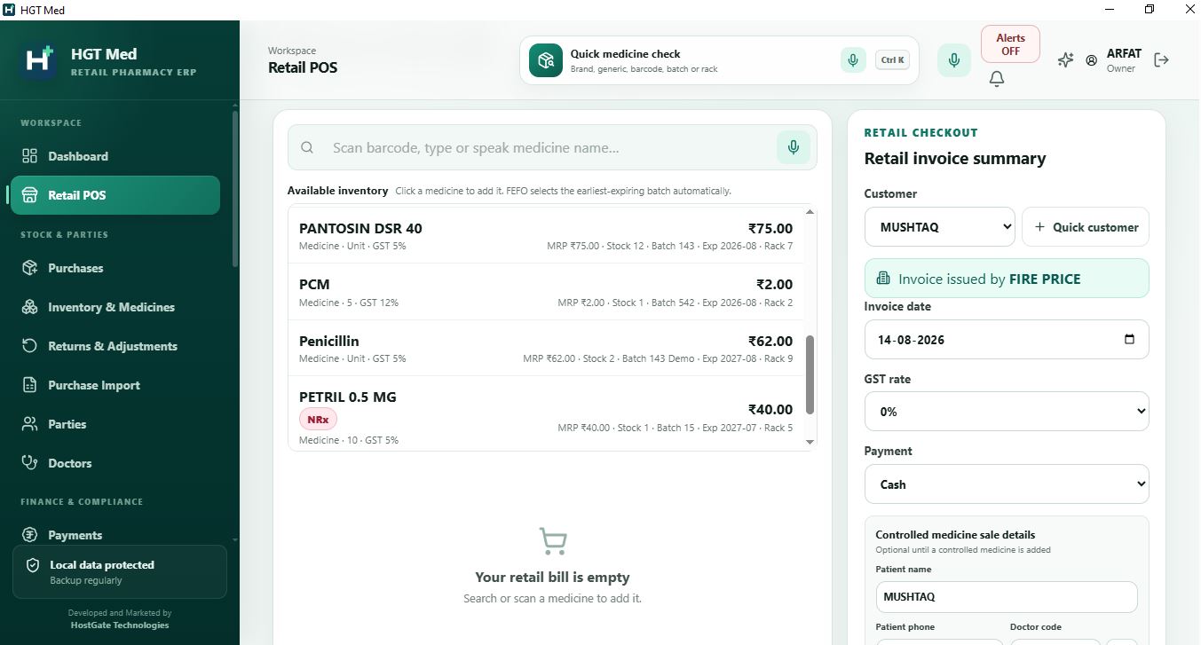 HGT Med retail point of sale with medicine search and checkout